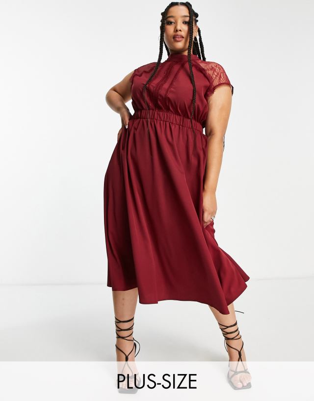 Liquorish Curve A-line lace detail midi dress in burgundy