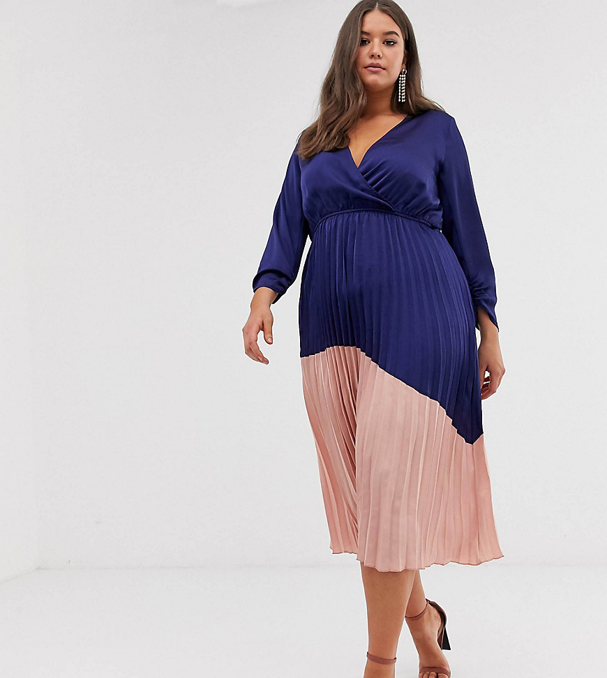 Liquorish Curve – Midiklänning med plisserad, blockfärgad kjol-Marinblå