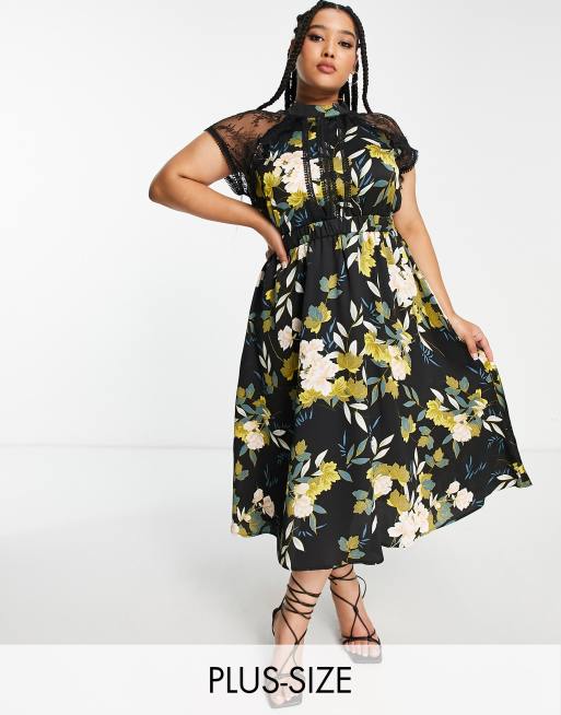 Liquorish Curve - Vestito midi svasato a fiori con decorazioni in pizzo