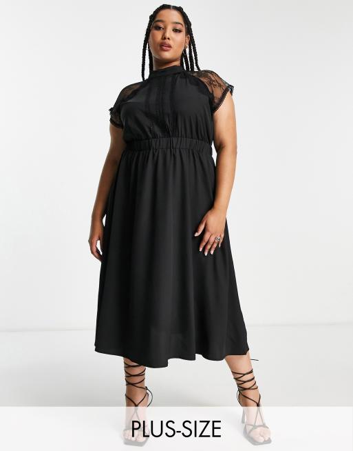 Liquorish Curve - Vestito midi svasato nero con decorazioni in pizzo