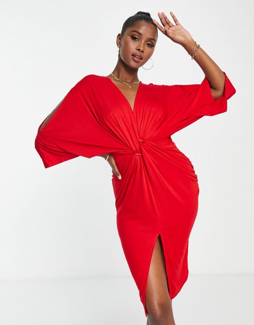 Liquorish – Czerwona sukienka midi z kimonowymi rękawami i supełkiem z  przodu | ASOS