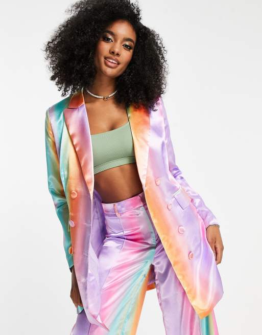 Liquorish - Elegante double breasted blazer van co-ord set van satijn in multi met kleurverloop