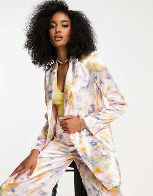 Liquorish – Eleganter, zweireihiger Satin-Blazer mit Blumenmuster in zarten, verwaschenen Pastellfarben, Kombiteil