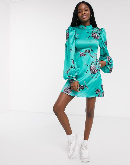 Liquorish balloon sleeve mini dress teal floral print | ASOS