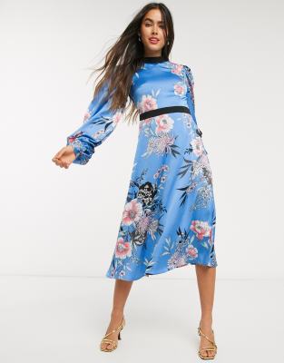 Liquorish Floral Dress With Volume Sleeves And Open Backblue ModeSens