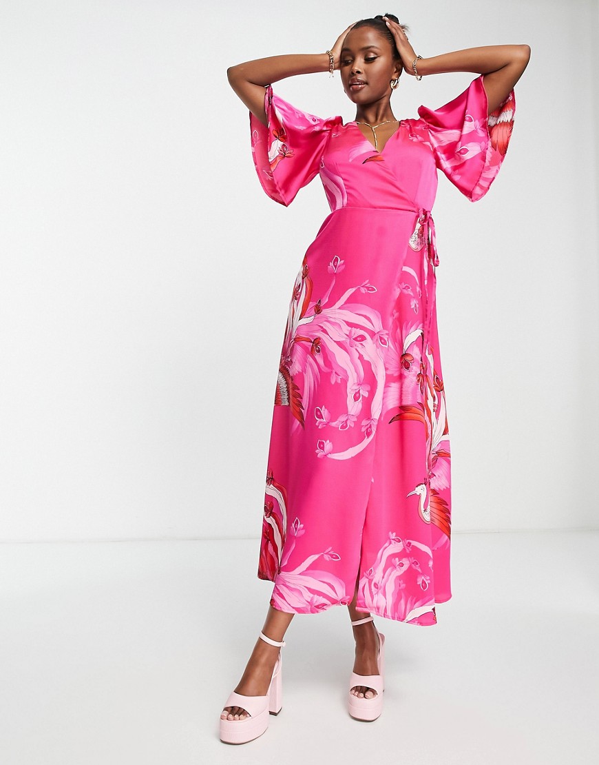 Liquorish floral maxi wrap dress with short sleeves in fuchsia-Pink