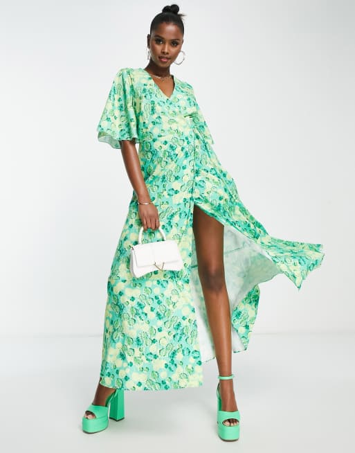 Liquorish floral maxi wrap dresss with kimono sleeves in green