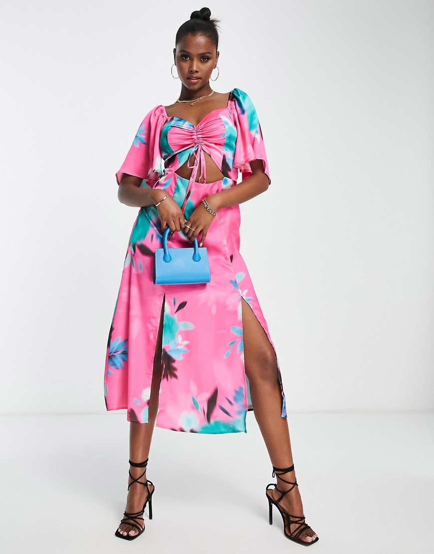 Liquorish floral midi dress with cut-out front in pink