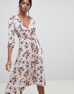 Liquorish Floral Print Wrap Midi Dress 