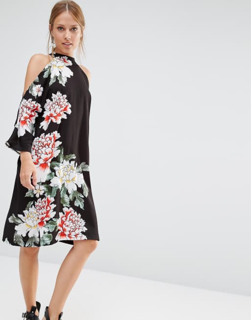 Liquorish Floral Printed Cold Shoulder Oversized Midi Dress