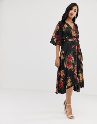 Liquorish floral wrap front midi dress with tie belt and waterfall hem ...