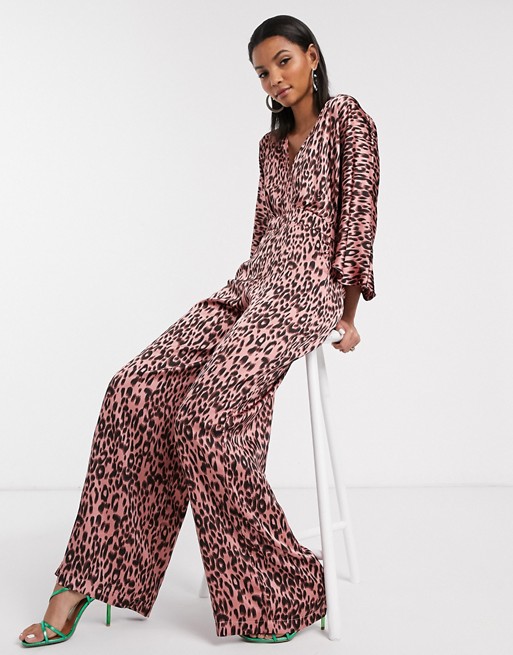 Liquorish flutter sleeve jumpsuit in pink leopard print