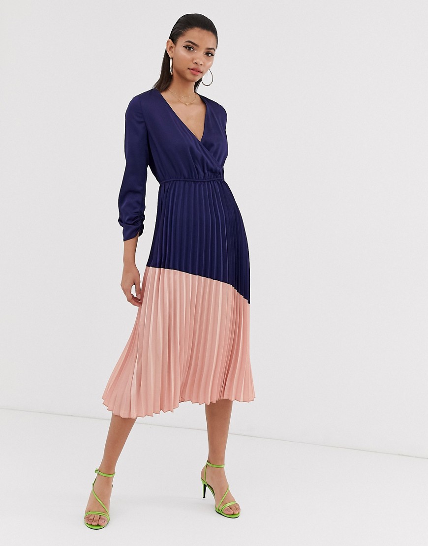 Liquorish - Geplooide midi-jurk met rok met kleurvlakken-Marineblauw