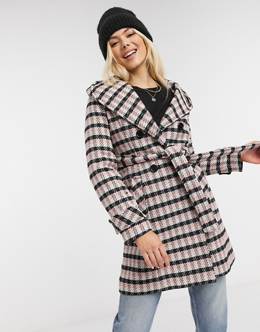 Liquorish hooded coat with tie front in check