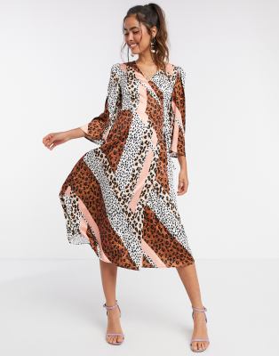 Liquorish kimono sleeve midi dress in panelled animal print-Multi