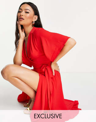 Liquorish kimono sleeve wrap dress in red | ASOS