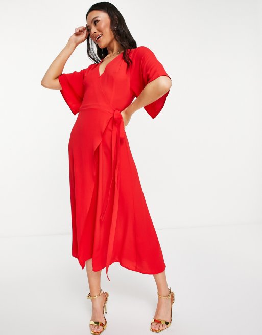 Liquorish kimono sleeve wrap dress in red