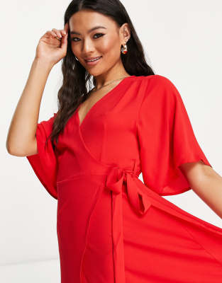 Liquorish kimono sleeve wrap dress in red ASOS