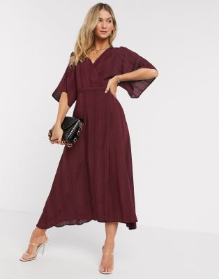 Liquorish Kimono Sleeve Wrap Midi Dress In Burgundy-red | ModeSens