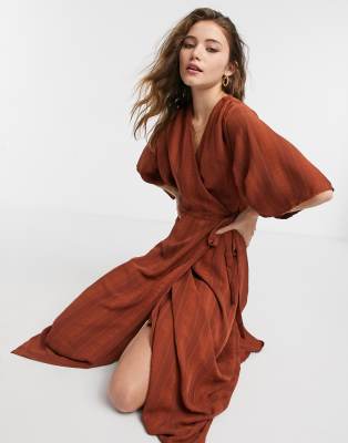 Liquorish kimono sleeve wrap midi dress in chocolate brown