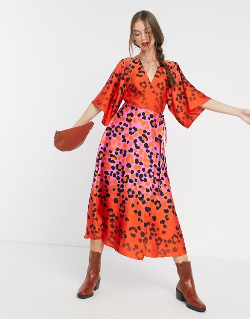 Liquorish kimono wrap dress in orange and pink ombre leopard print