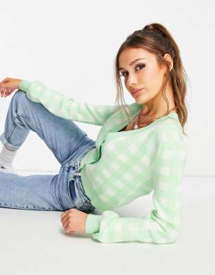 Liquorish knitted cropped cardi in mint check co ord