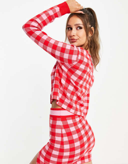 Liquorish knitted cropped cardi in red and pink check co ord, 2 of 4