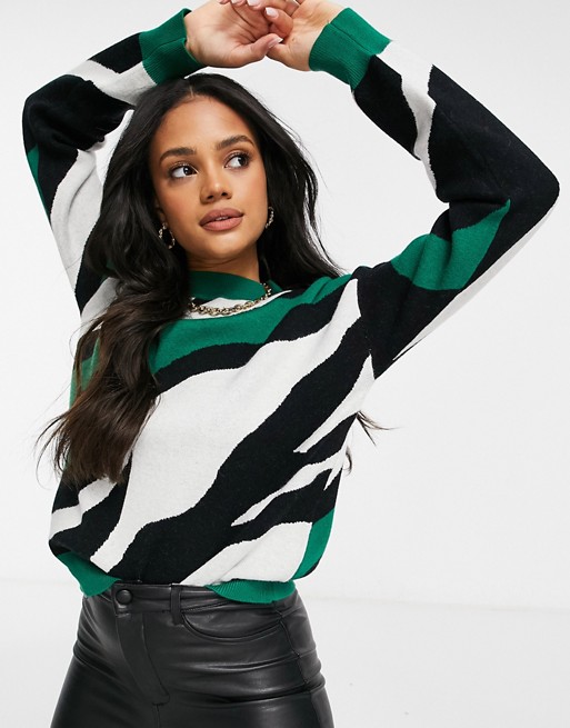 Liquorish knitted jumper in oversized abstract print in green