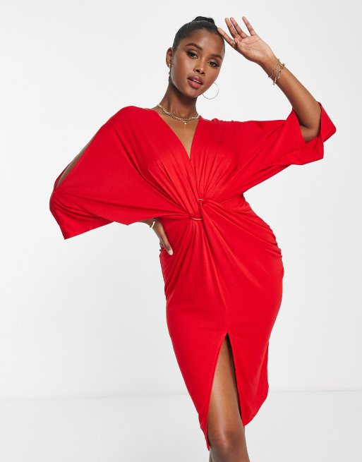 Liquorish knot midi dress with kimono sleeve in red