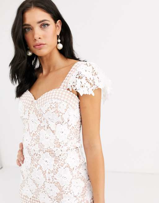 Liquorish lace panel midi dress in white