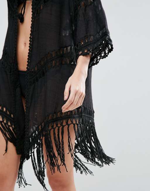 Liquorish Laddered Beach Kaftan In Black, 3 of 4