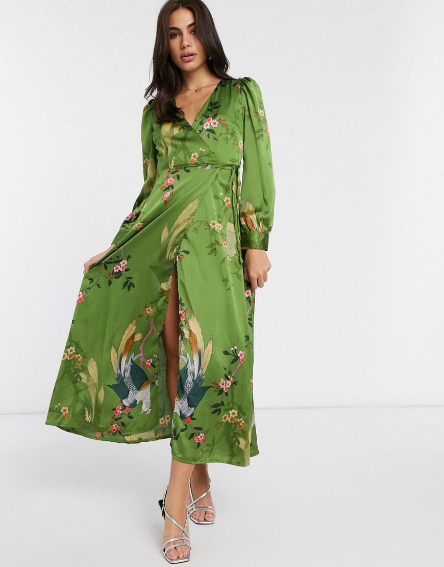Liquorish - Lange jurk met overslag en groene vogelprint
