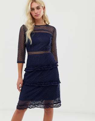 Liquorish layered lace 3/4 sleeve midi dress