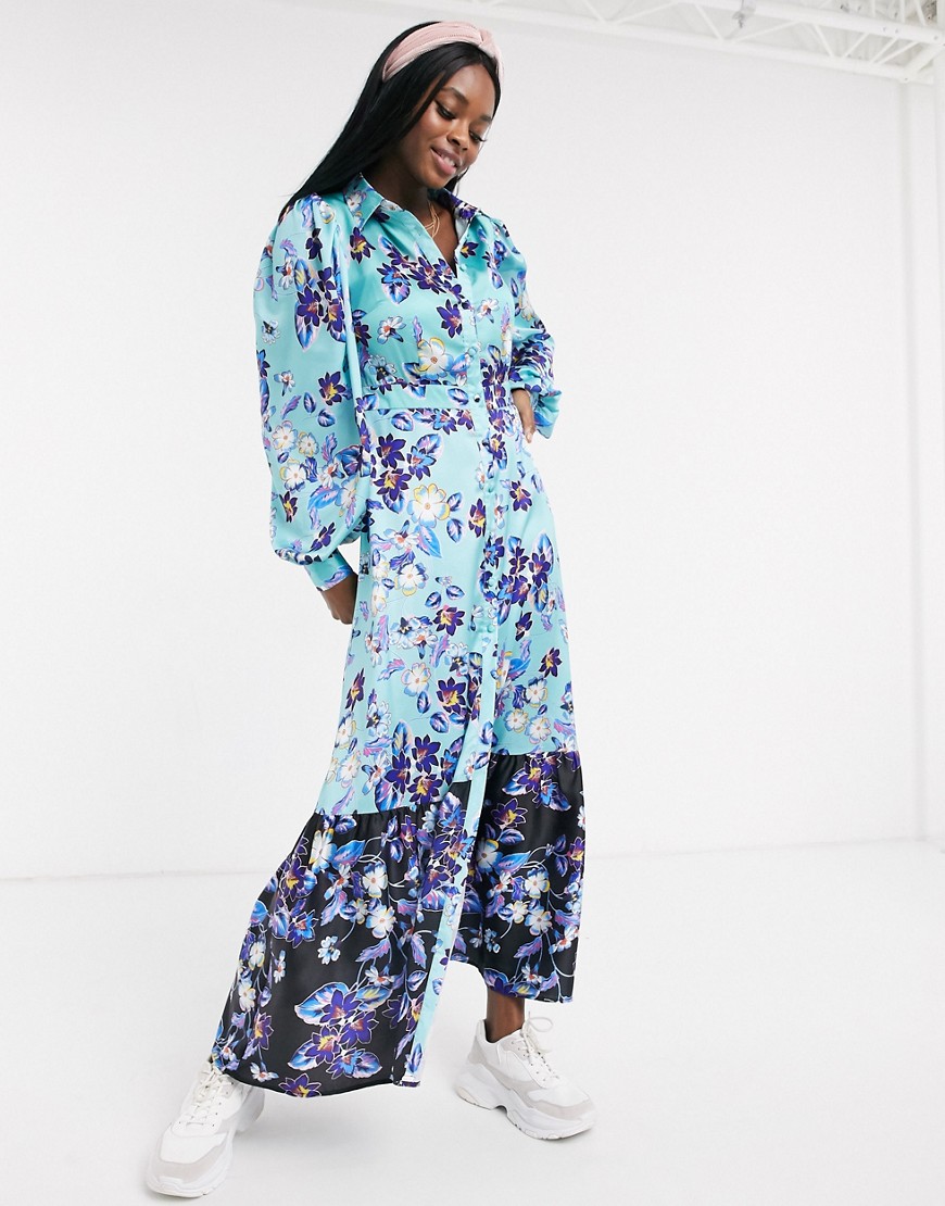 Liquorish Long Sleeve Maxi Dress With Contrast Hem In Teal Floral-blue