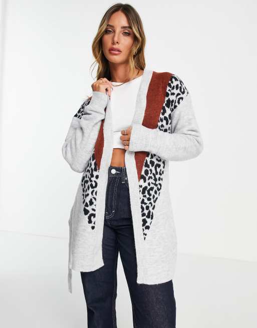 Liquorish - Longline-cardigan med lommer i gråt leopardprint 