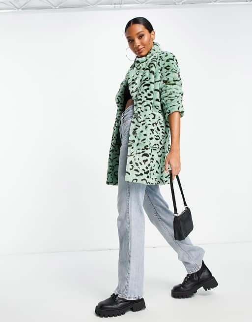 Liquorish - Manteau en fausse fourrure ultra douce à imprimé léopard - Vert sauge 