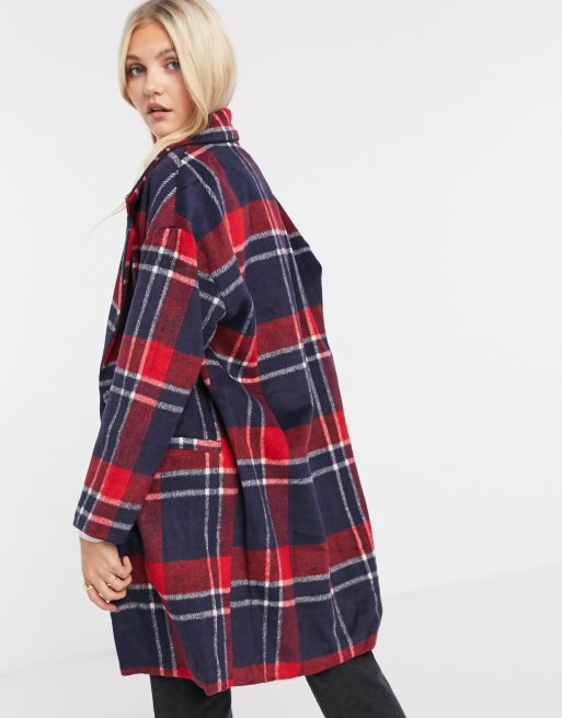 Liquorish Marineblau Rot Karierter Mantel Mit Kastigem Und Geradem Schnitt Asos