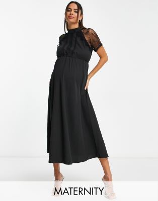 Liquorish Maternity A-line Midi Dress In Lace Black