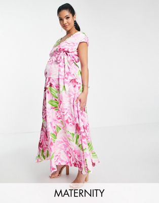 Liquorish Maternity Bridesmaid Plunge Front Maxi Dress In Green Overscale Floral-multi