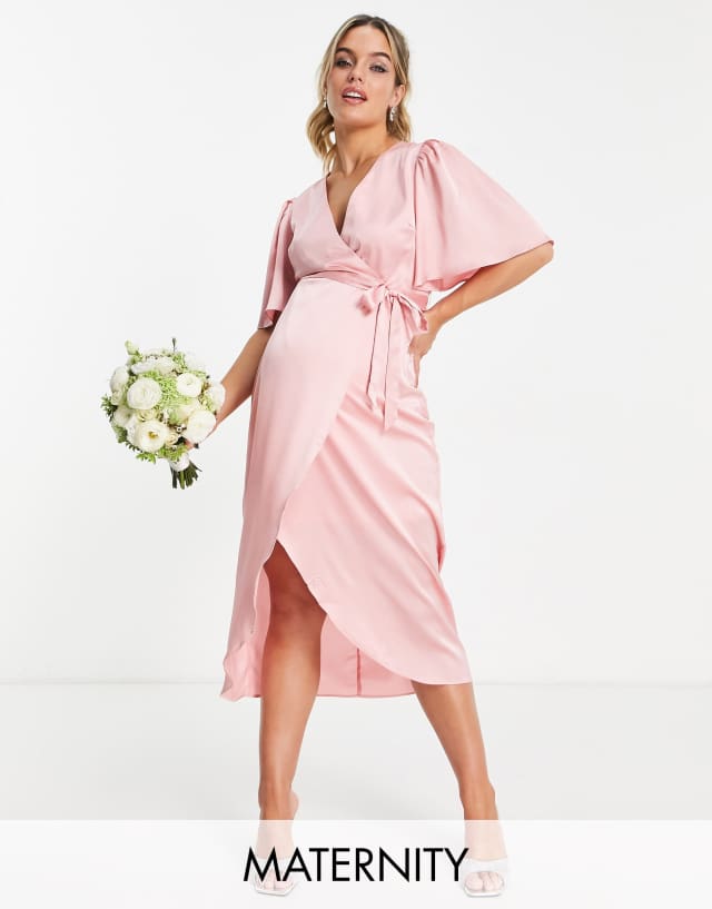 Liquorish Maternity Bridesmaid satin wrap front midaxi dress in soft rose pink