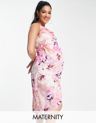 Liquorish Maternity Bridesmaid Satin Wrap Midi Dress In Soft Pastel Floral-multi