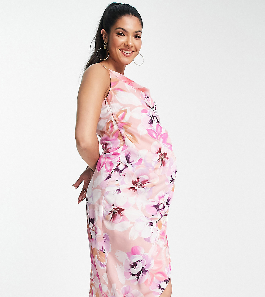 Liquorish Maternity Bridesmaid satin wrap midi dress in soft pastel floral-Multi