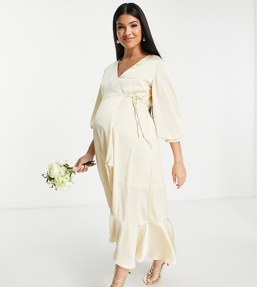 Liquorish Maternity Bridesmaid satin wrap midi dress with puff sleeve in lemon-Yellow