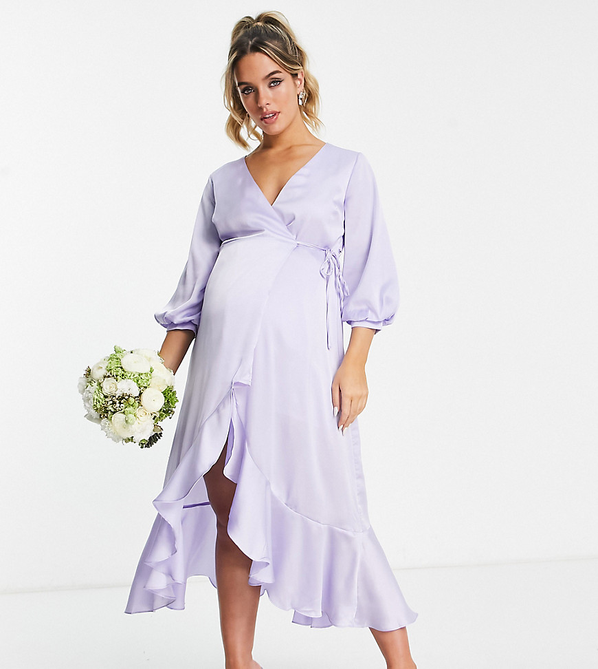 Liquorish Maternity Bridesmaid satin wrap midi dress with puff sleeve in lilac-Blue