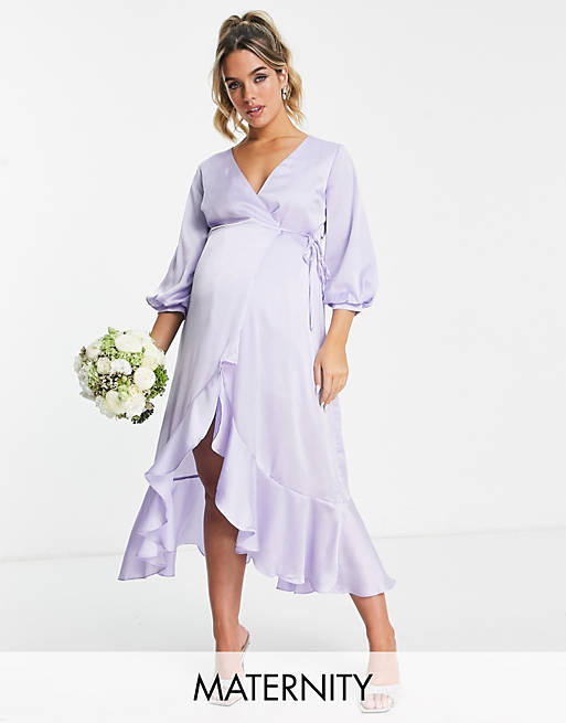 Liquorish Maternity Bridesmaid satin wrap midi dress with puff sleeve in lilac