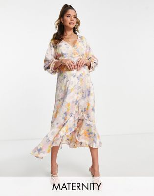 Liquorish Maternity satin wrap midi dress with puff sleeve in soft pastel floral