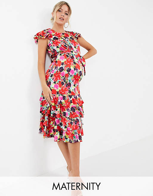 Liquorish Maternity midi dress with frill hem detail in floral print