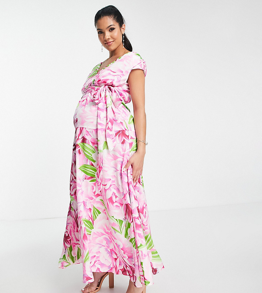 plunge front maxi dress in green and pink floral-Multi