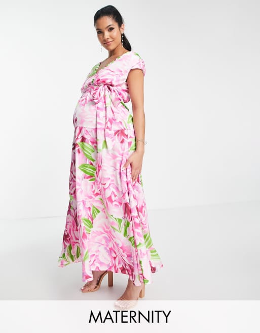 Liquorish Maternity plunge front maxi dress in green and pink