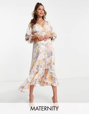 Liquorish Maternity - Robe portefeuille mi-longue de grossesse satinée à manches bouffantes - Pastel doux fleuri